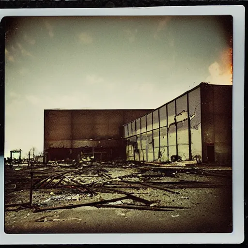 Prompt: abandoned and burnt Amazon warehouse, Polaroid photo