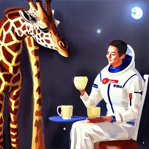 Image similar to a giraffe dressed like an astronaut drinking tea with queen isabel, trending on artstation, art by greg manchess, guangjian, detailed digital art, artstation hd