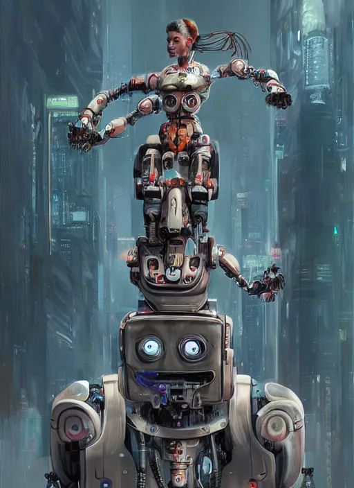Image similar to An epic fantastic realism graphic novel cover style painting of a beautiful girl riding on the shoulders of a robot with four arms, robotics, short pigtails hair, cyberpunk, Concept world Art, ultrarealistic, hyperrealistic, dynamic lighting by Paolo Eleuteri Serpieri