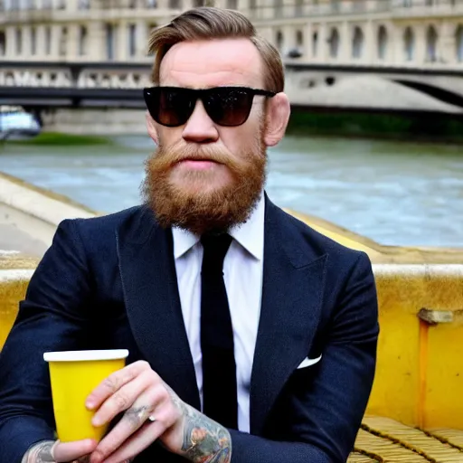 Image similar to mcgregor is dressed as a gentleman at early 2 0 th century paris. he is having a coffee at the banks of river seine. ewan mcgregor has a coffee cup on his hand. next to him is a small brown cat with yellow glowing eyes. blueish tint