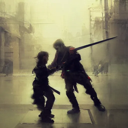 Prompt: a sword fight between a man and his much younger kid brother. Ruan Jia, Phil Hale