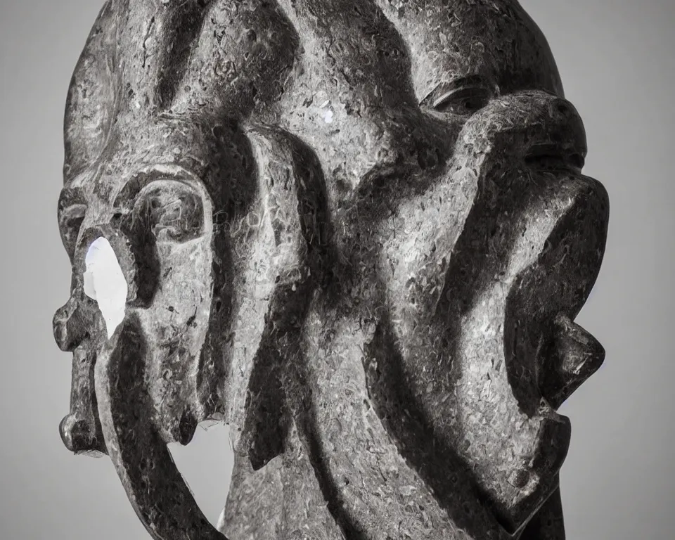 Image similar to An African mask in the style of an Italian renaissance statu, black and white, photography, art book, masterpiece, entire statut