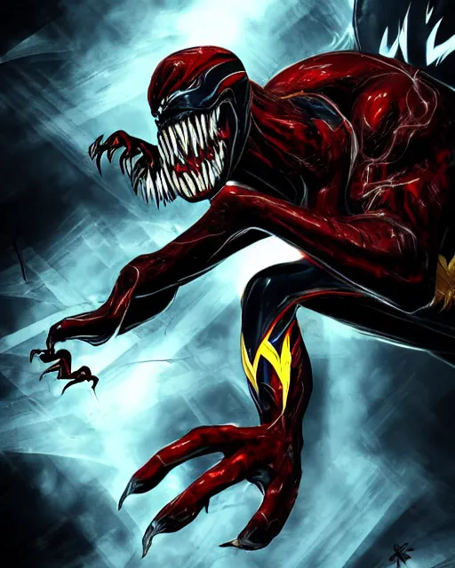 Image similar to venom as the flash, dynamic lighting, fantasy concept art, trending on art station, stunning visuals, creative, cinematic, ultra detailed, comic strip style