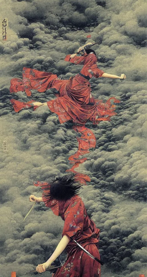 Image similar to Japanese schoolgirl runs away from Samurai with a katana on the subway, high detailed Beksinski painting, part by Adrian Ghenie and Gerhard Richter. art by Takato Yamamoto. masterpiece