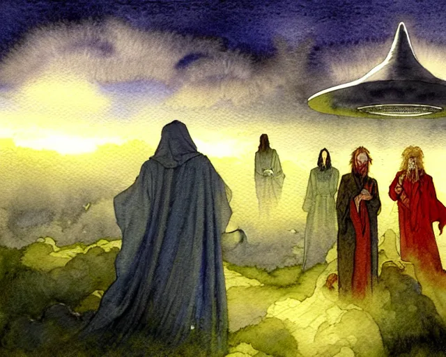 Image similar to a realistic and atmospheric watercolour fantasy character concept art portrait of a group of christians wearing robes and emerging from the mist on the moors of ireland at night. a ufo is in the sky. by rebecca guay, michael kaluta, charles vess and jean moebius giraud