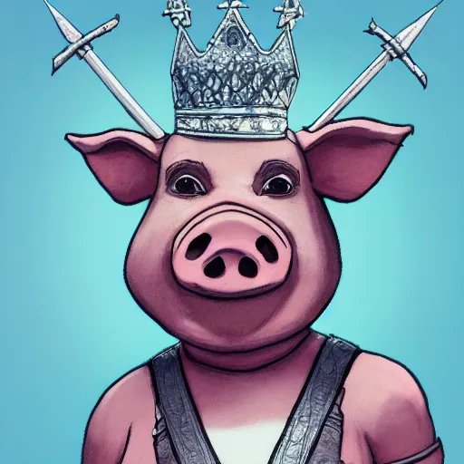 Prompt: A pig wearing a crown, with a light blue sword, 8k, Artstation, epic illustration