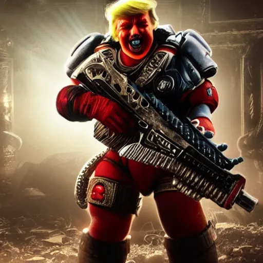 Image similar to donald trump as a clown in gears of war, splash art, movie still, cinematic lighting, ray tracing, detailed clown face, octane render, long lens, shallow depth of field, bokeh, anamorphic lens flare, 8 k, hyper detailed, 3 5 mm film grain