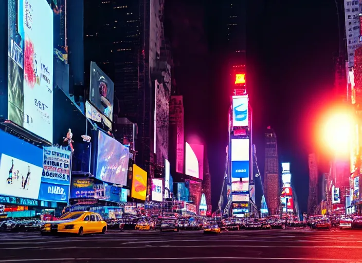 Image similar to film still of the moon shattering into pieces exploding moon over time square in the new sci - fi movie, 8 k, night time