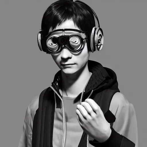 Image similar to rpg character concept art, modular synth musician patching cables, wires flying in the air, wearing a prototype ar headset, in the style of jamie hewlett hiroya oku riyoko ikeda, 3 d render, artstation trending, 8 k, octane render, photorealistic, sharp detail, manga, black and white