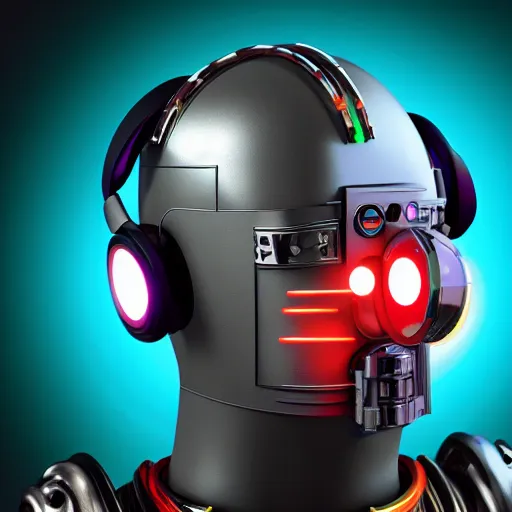 Image similar to a glossy claymodel of a dieselpunk aztec futurism robot head with glowing headphones, 8 k, symetrical, flourescent colors, halluzinogenic, multicolored, very detailed, black background, 3 d render,
