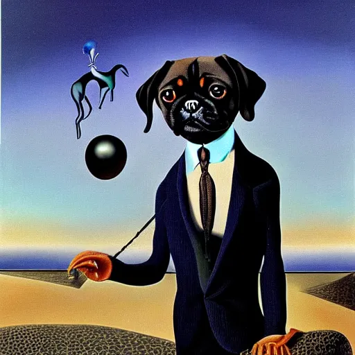 Prompt: a surrealist portrait of black pugalier dog wearing suit and tie, surreal background, by salvador dali