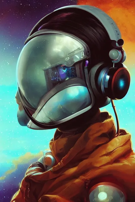 Prompt: a poster design of a portrait of a female astronaut wearing headphones in space, universe, cyberpunk, warm color, Highly detailed labeled, poster, peter mohrbacher, featured on Artstation