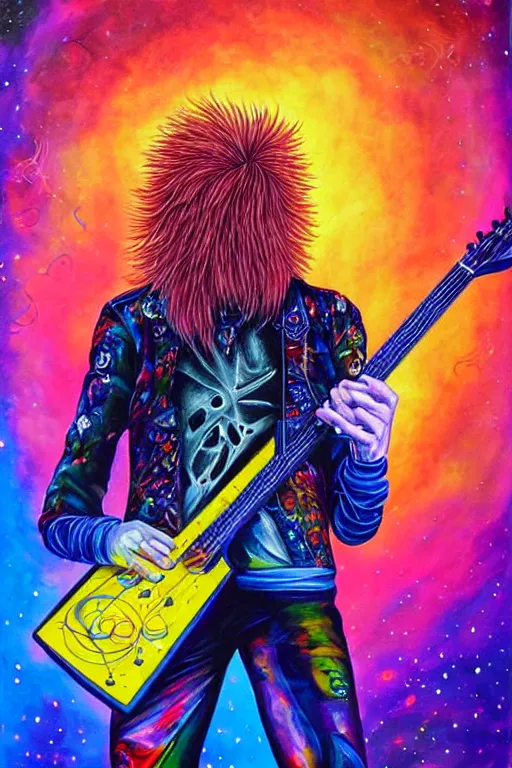 Prompt: beautiful detailed acrylic painting of a psychedelic and hardcore dave munstaine play music in the cosmos