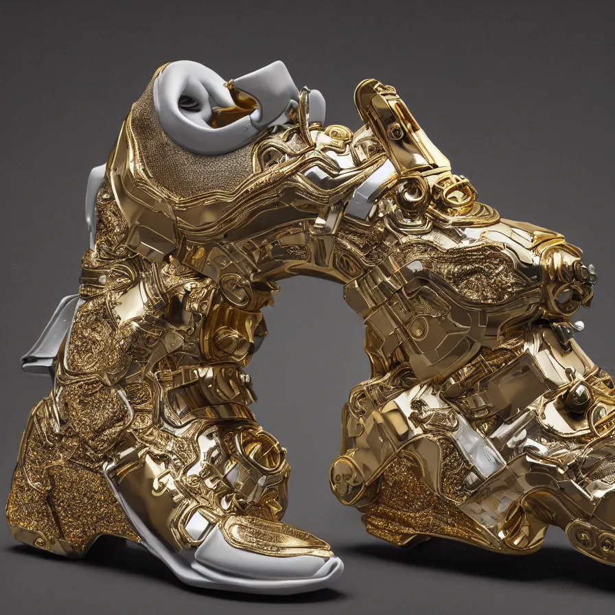 Image similar to futuristic balenciaga sneakers, nft art, highly detailed, hyper realistic, a ton of bussdown iced gold bling in wallace & gromit strata - cut claymation, ultra realistic, concept art, intricate details, serious, highly detailed, photorealistic, octane render, 8 k, unreal engine