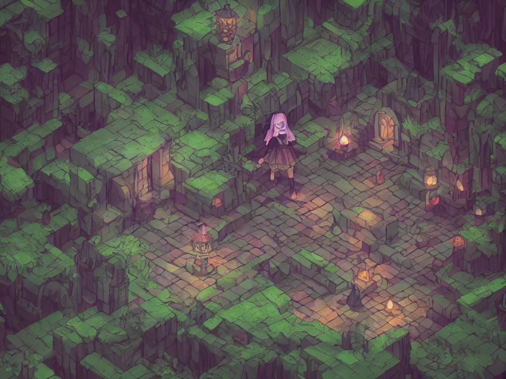 Image similar to cute fumo plush gothic witch girl exploring a forbidden cursed magic temple in the woods, magical glow, isometric perspective, orthographic, tile map, vray