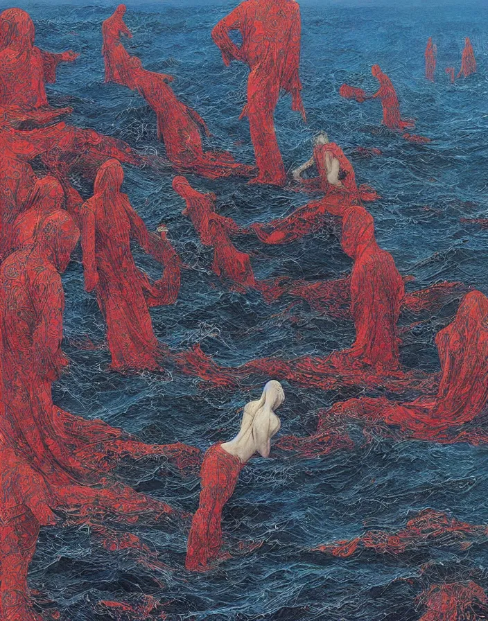 Prompt: worshippers in red robes and hoods wading through waves, high detailed beksinski painting, part by adrian ghenie and gerhard richter. art by takato yamamoto. masterpiece, deep colours, blue