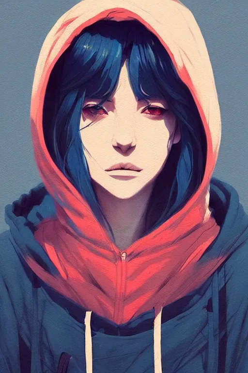 Image similar to a ultradetailed portrait painting of a stylish woman in a oversized hoodie, she has a wolfcut, by conrad roset, greg rutkowski and makoto shinkai trending on artstation