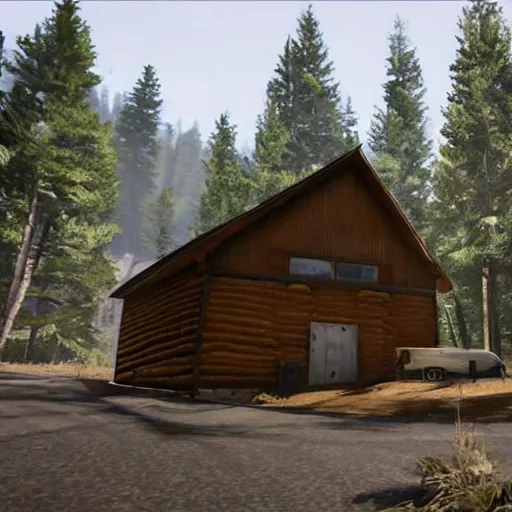 Image similar to a photo of a Eerie cabin in the middle of the woods in the style of GTA V, gameplay footage