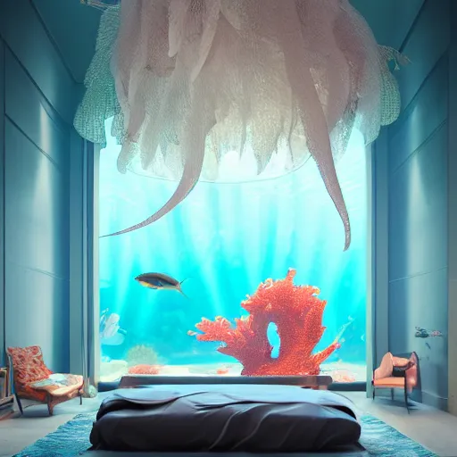 Image similar to the realistic photo of the modern fashionable room as aquarium with a chandelier as a big jellyfish, beautiful corals on the walls and sharks in the big panoramic window, a lot of gleans, under the ocean, realistic colors, realistic shadows, daylight made in blender, hd, 3 d by beeple and by greg rutkowski