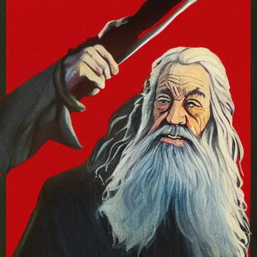 Image similar to gandalf as russian propaganda poster painting