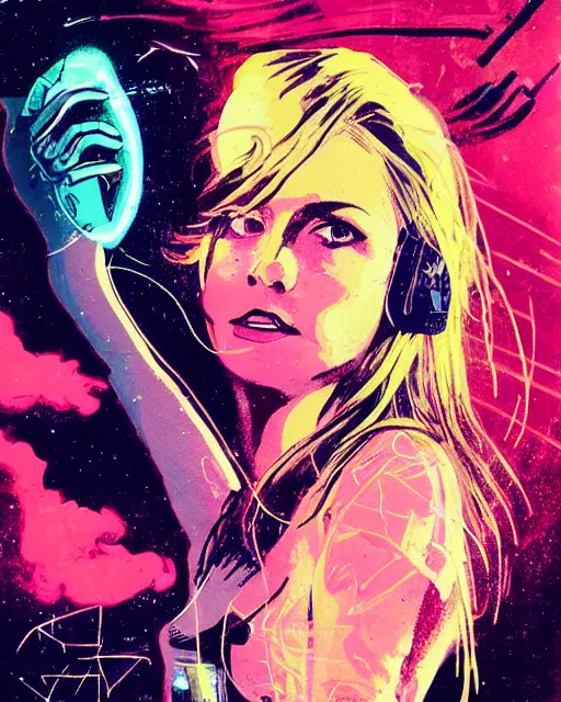 Image similar to a pulp illustration of a gorgeous young woman in dead space, with wild blonde hair and haunted eyes, 1 9 7 0 s, space station, neon light showing injuries, delicate ex embellishments, painterly, offset printing technique