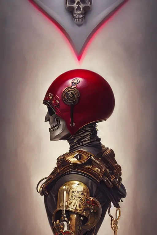 Image similar to ultra realistic illustration, 3 d render of a nun with a skull helmet red and gold accents, gothic, dark, hacknaut cyberpunk, sci - fi, fantasy, intricate, elegant, highly detailed, digital painting, artstation, concept art, smooth, sharp focus, illustration, art by artgerm and greg rutkowski and alphonse mucha