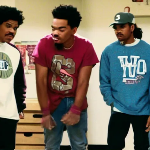 Image similar to a tv still of Chance The Rapper starring as a college student in a 1993 black sitcom