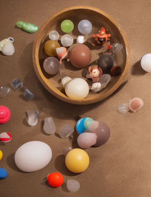 Image similar to a well - lit studio photograph of various earth - toned plastic toys floating in a kidney - shaped bowl of water, some wrinkled, some long, various sizes, textures, and transparencies, beautiful, smooth, detailed, inticate