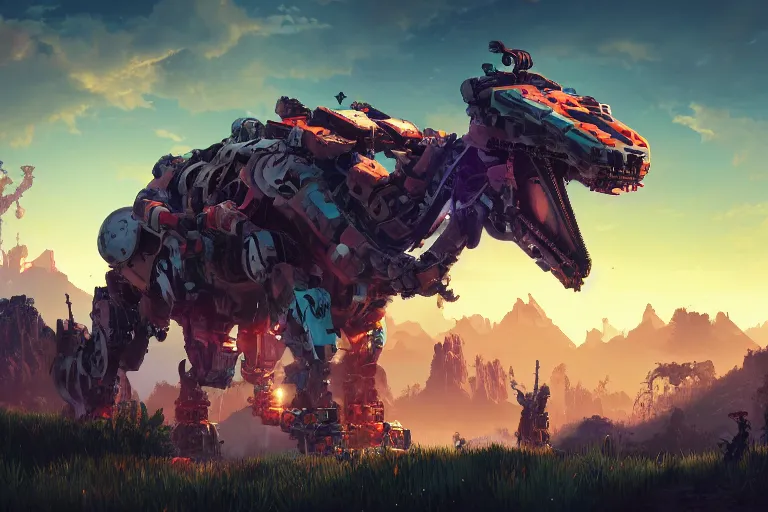 Image similar to behemoth machine mecanical creature robot of horizon forbidden west horizon zero dawn radiating a glowing aura global illumination ray tracing hdr fanart arstation by ian pesty and alena aenami artworks in 4 k