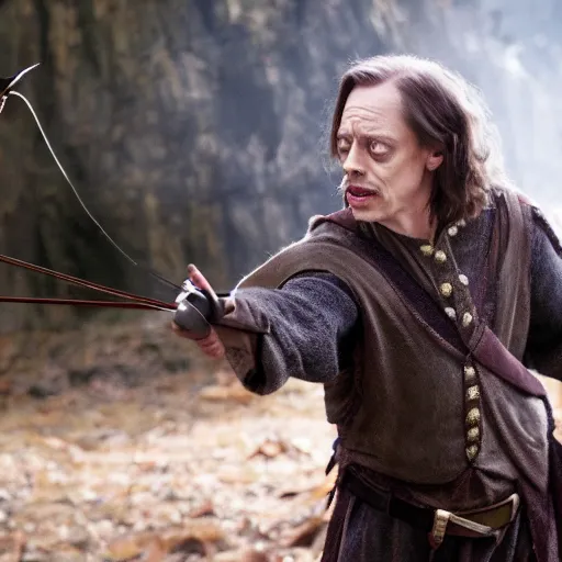 Prompt: Real Stills of Steve Buscemi smaller eyes playing a lord of rings elf in the new upcoming TV show promo ARRIFLEX 435 Camera