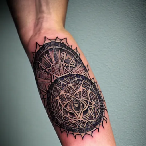 Prompt: intricate, lots of parts, high detail, sacred geometry tattoo, professional photography