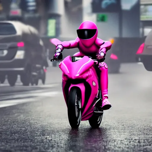 Image similar to hyper realistic, photo, humanoid pink female Squid girl, popping motorcycle wheelie on fast in the rainy city traffic