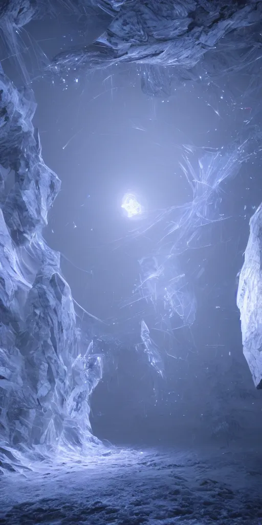 Image similar to interdimensional galaxy portal covered in frost, ice gate, volumetric light, volumetric fog, unreal engine, photorealistic, 8 k