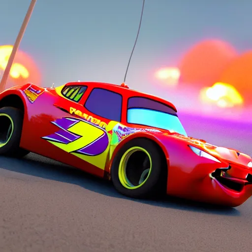 Image similar to lightning mcqueen ray - tracing render, unreal engine, 3 d, atmospheric light, godrays, award - winning, maya, blender