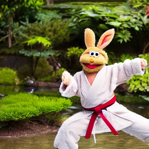 Prompt: a fluffy brown velveteen karate loving muppet with bunny ears and wearing a dark ninja robe with a red belt and practicing her karate out in nature by a koi pond, photorealistic, photography, ambient occlusion, rtx, national geographic, sesame street