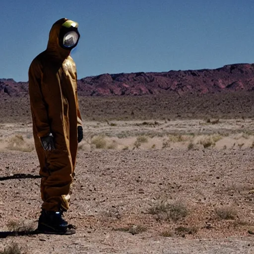 Image similar to a man wearing a hazmat suit and goggles, in the desert, film still, directed by vince gilligan