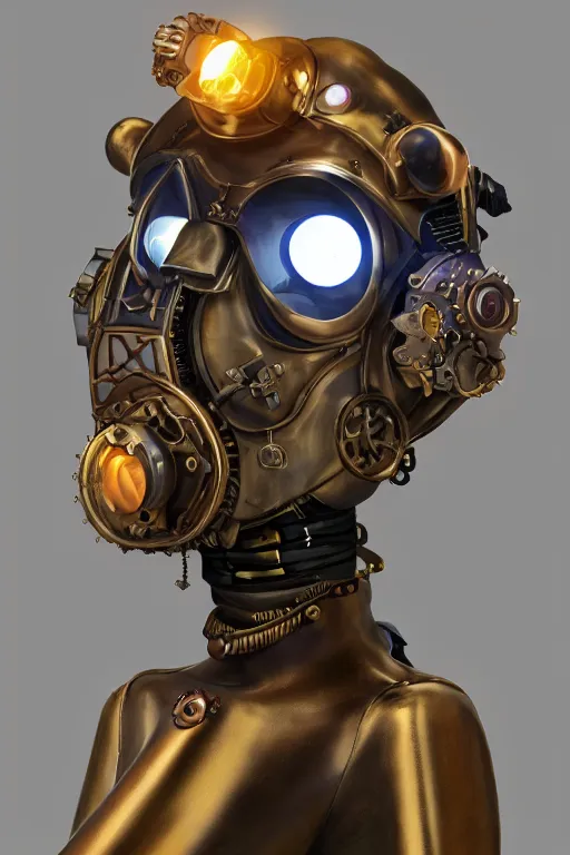 Image similar to steampunk mask minimalist fantasy art robot ninja helmet, global illumination ray tracing hdr fanart arstation by sung choi and eric pfeiffer and gabriel garza and casper konefal radiating a glowing aura