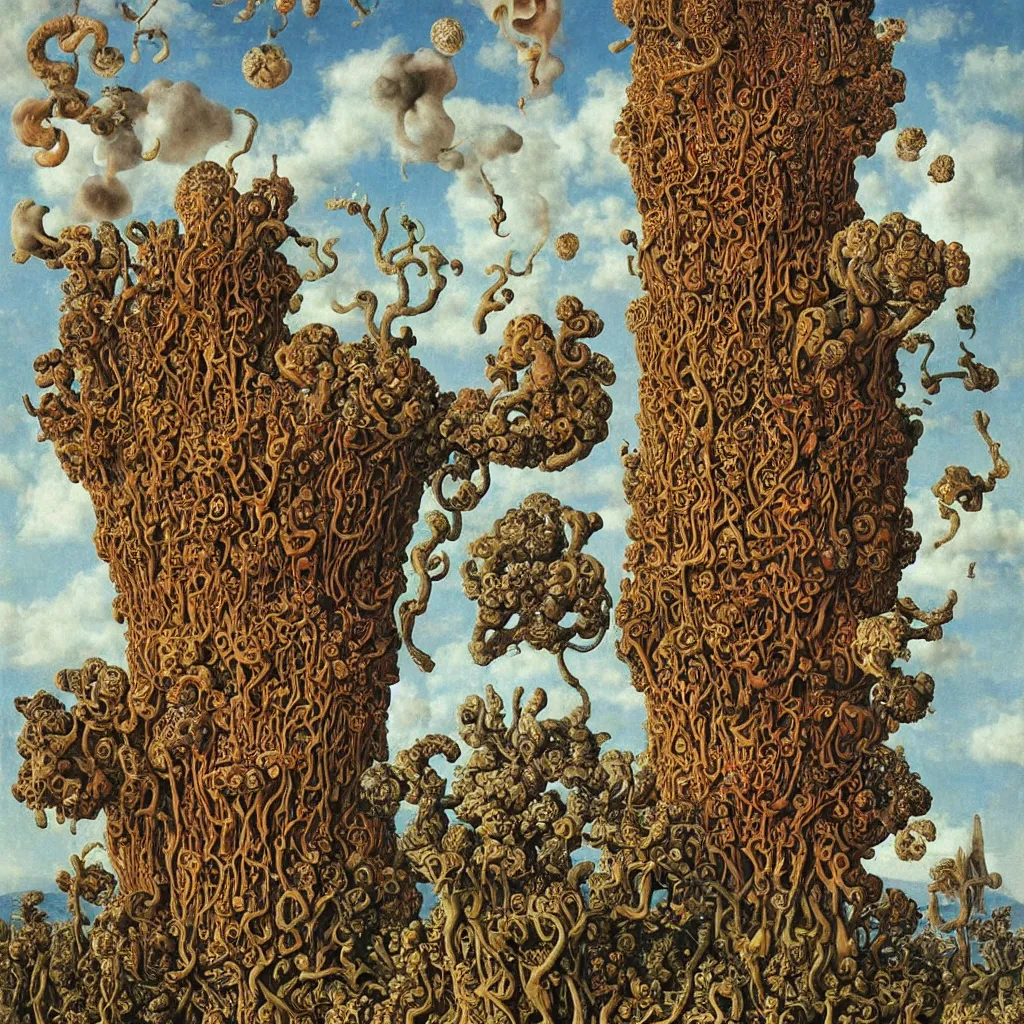 Image similar to a single colorful! ( lovecraftian ) fungus tower white! clear empty sky, a high contrast!! ultradetailed photorealistic painting by jan van eyck, audubon, rene magritte, agnes pelton, max ernst, walton ford, andreas achenbach, ernst haeckel, hard lighting, masterpiece