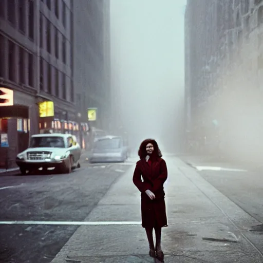 Image similar to portrait of a woman in a smoky new york street ,by Steve McCurry, Flickr, natural light, CANON Eos C300, ƒ5.6, 50mm, medium-format print