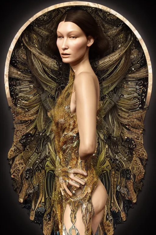 Prompt: a highly detailed portrait of a beautiful alien woman goddess bella hadid in iris van herpen dress in diamonds and fractals in style of alphonse mucha art nuvo gustav klimt dmt trending on artstation made in unreal engine 4