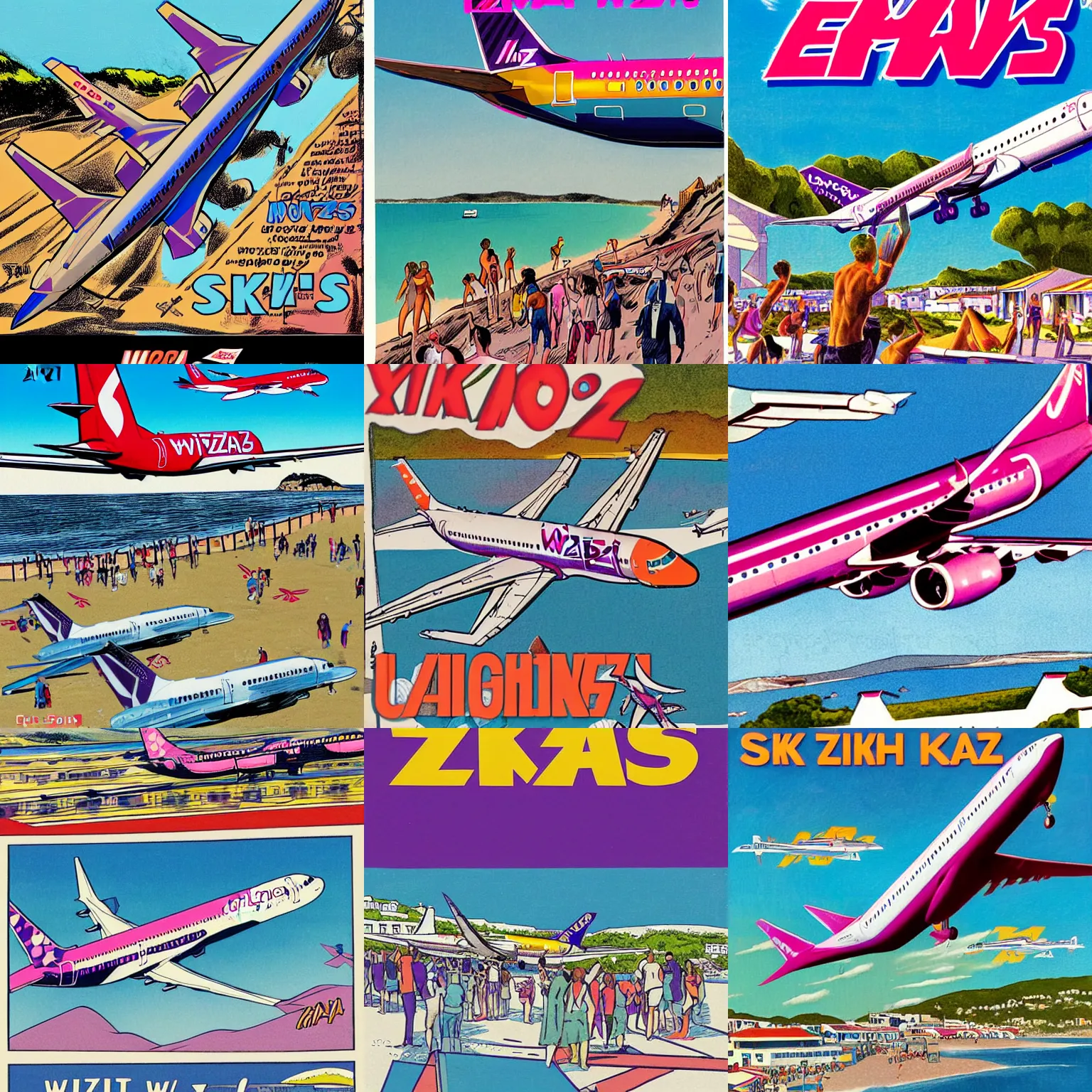 Prompt: a comix book cover image of wizzair airbus a 3 2 1 neo landing at skiathos airport, low over the heads of the people on the beach, highly detailed, art by by jack kirby