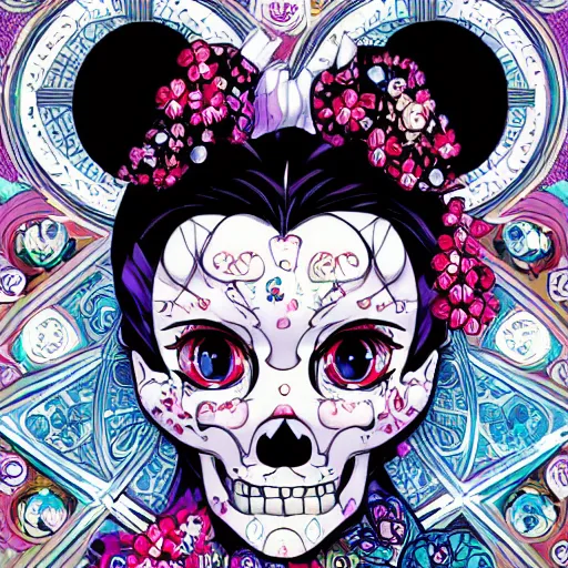 Prompt: anime manga skull portrait girl face minnie mouse detailed highres 4k Mucha and James Jean pop art nouveau