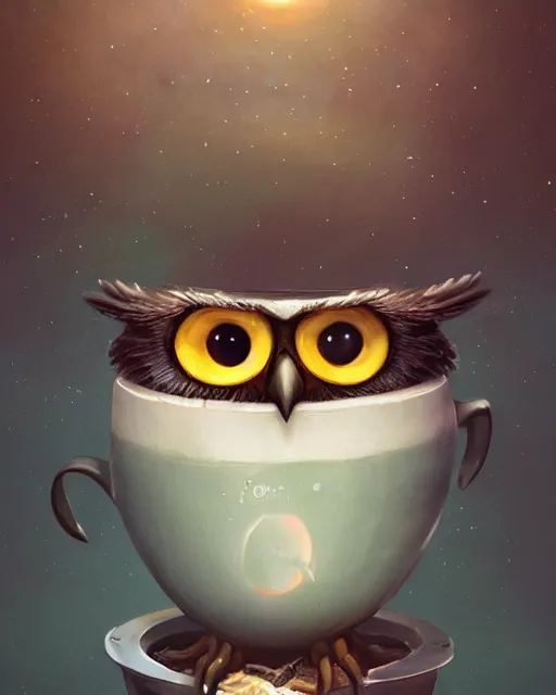 Image similar to long shot of a very cute owl chick nesting in a very futuristic cup, esao andrews, humorous illustration, hyperrealistic, big depth of field, warm colors, night scenery, low light, 3 d octane render, 4 k, conceptart, hyperdetailed, hyperrealistic, trending on artstation