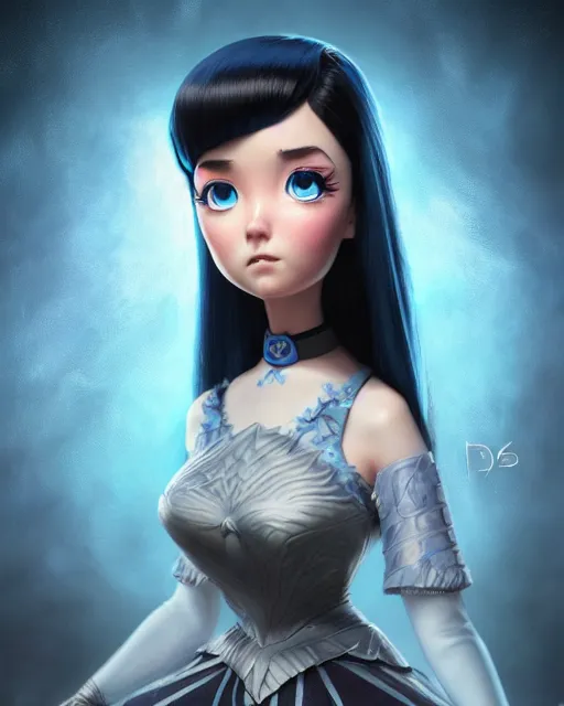 Prompt: an epic fantasy comic book style full body portrait painting of a Crystal blue eyes lady with black hair, elegant, character design by Mark Ryden and Pixar and Hayao Miyazaki, unreal 5, DAZ, hyperrealistic, octane render, cosplay, RPG portrait, dynamic lighting, intricate detail, summer vibrancy, cinematic
