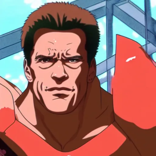 Prompt: arnold schwarzenegger as anime character, kyoto animation, magical