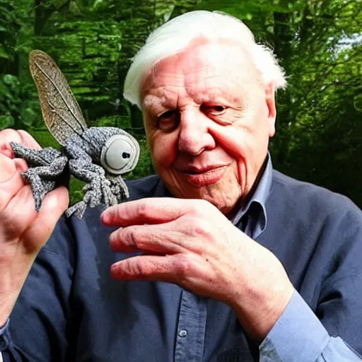 Prompt: Sir David Attenborough holding a small Mothman