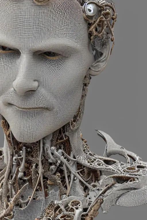 Prompt: complex 3d render ultra detailed of a beautiful porcelain tom cruise, biomechanical cyborg, analog, 150 mm lens, beautiful natural soft rim light, big leaves and stems, roots, fine foliage lace, silver red white details, Alexander Mcqueen high fashion haute couture, pearl earring, art nouveau fashion embroidered, steampunk, intricate details, mesh wire, mandelbrot fractal, anatomical, facial muscles, cable wires, microchip, elegant, hyper realistic, ultra detailed, octane render, volumetric lighting, 8k post-production