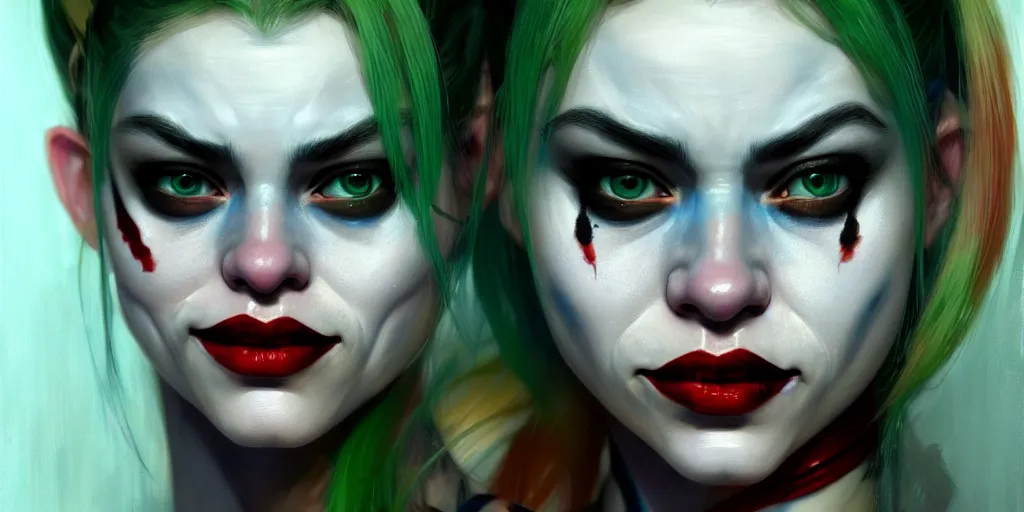 Image similar to ultra detailed close up facial portrait of harley quinn, green eyes, sharp bone structure, extremely detailed digital painting, in the style of fenghua zhong and ruan jia and jeremy lipking and peter mohrbacher, mystical colors, rim light, beautiful lighting, 8 k, stunning scene, raytracing, octane, trending on artstation