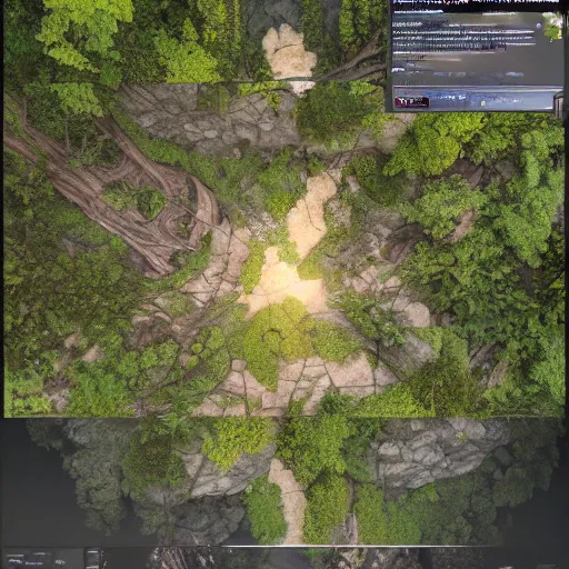 Prompt: a topdown battlemap from 9 0 degrees angle of a forest, dnd encounter, river, rocks, dawn, extremely detailed, no people, photorealistic, octane render, 8 k, unreal engine 5. art by artgerm and greg rutkowski and alphonse mucha