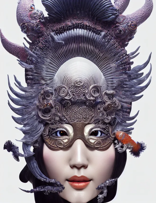 Image similar to 3 d goddess close - up frontal portrait with ram skull. beautiful intricately detailed japanese crow kitsune mask and clasical japanese kimono. betta fish, jellyfish phoenix, bio luminescent, plasma, ice, water, wind, creature, artwork by tooth wu and wlop and beeple and greg rutkowski